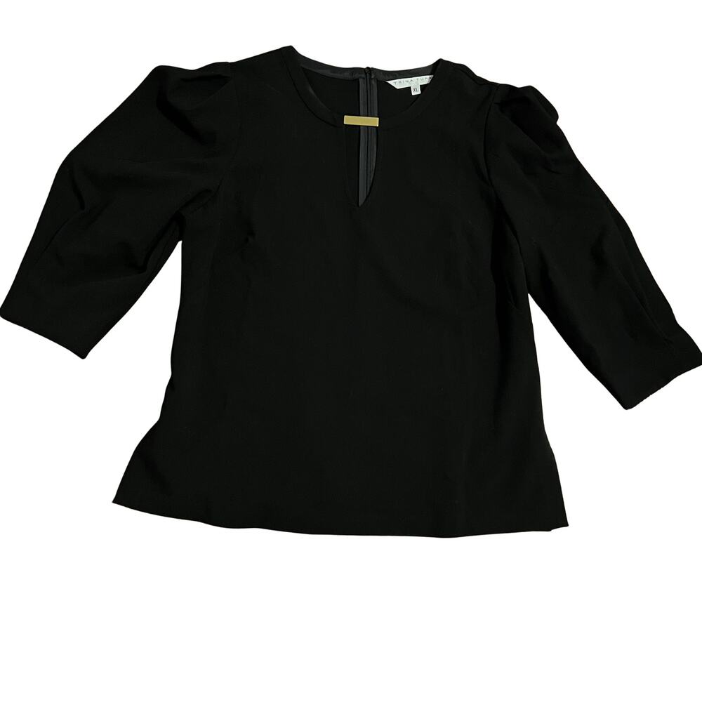 Trina Turk Black Keyhole Blouse Gold Bar Detail 3/4 Sleeve Size XL